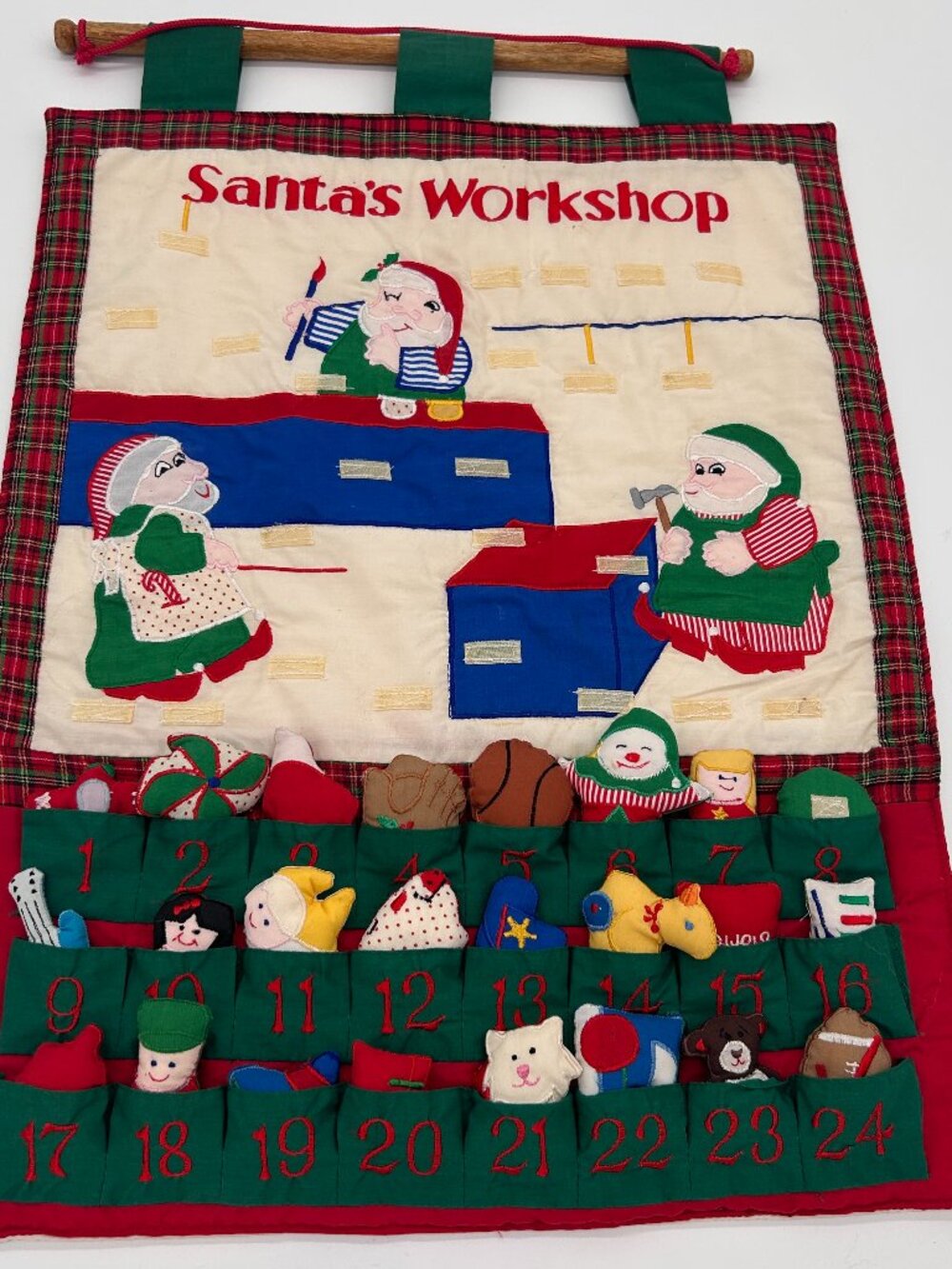 Vintage Fabric Advent Calendar Wall Hanging Christmas Santa's Workshop COMPLETE